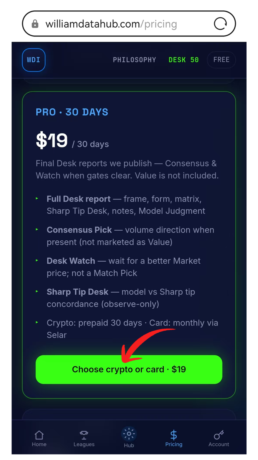Pricing page with Choose crypto or card on the Pro plan