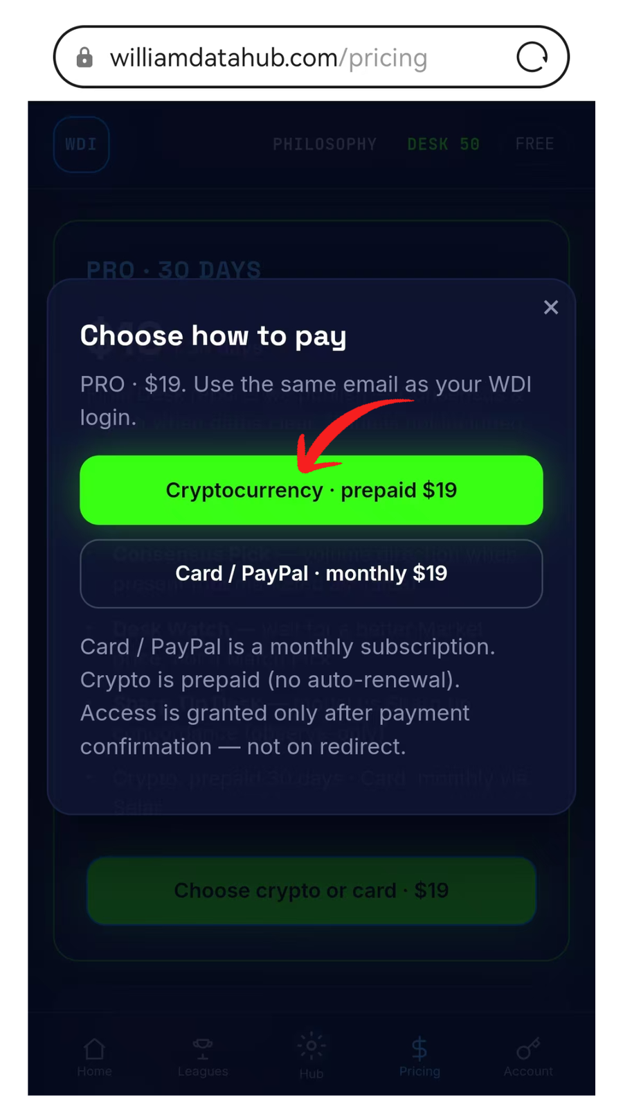 Choose how to pay modal highlighting Cryptocurrency prepaid