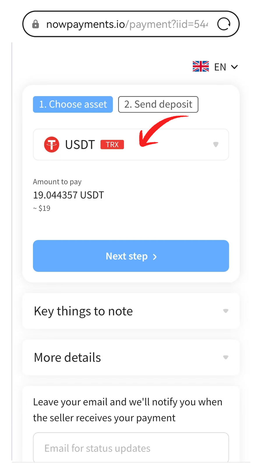 NOWPayments choose asset screen with USDT on TRX selected