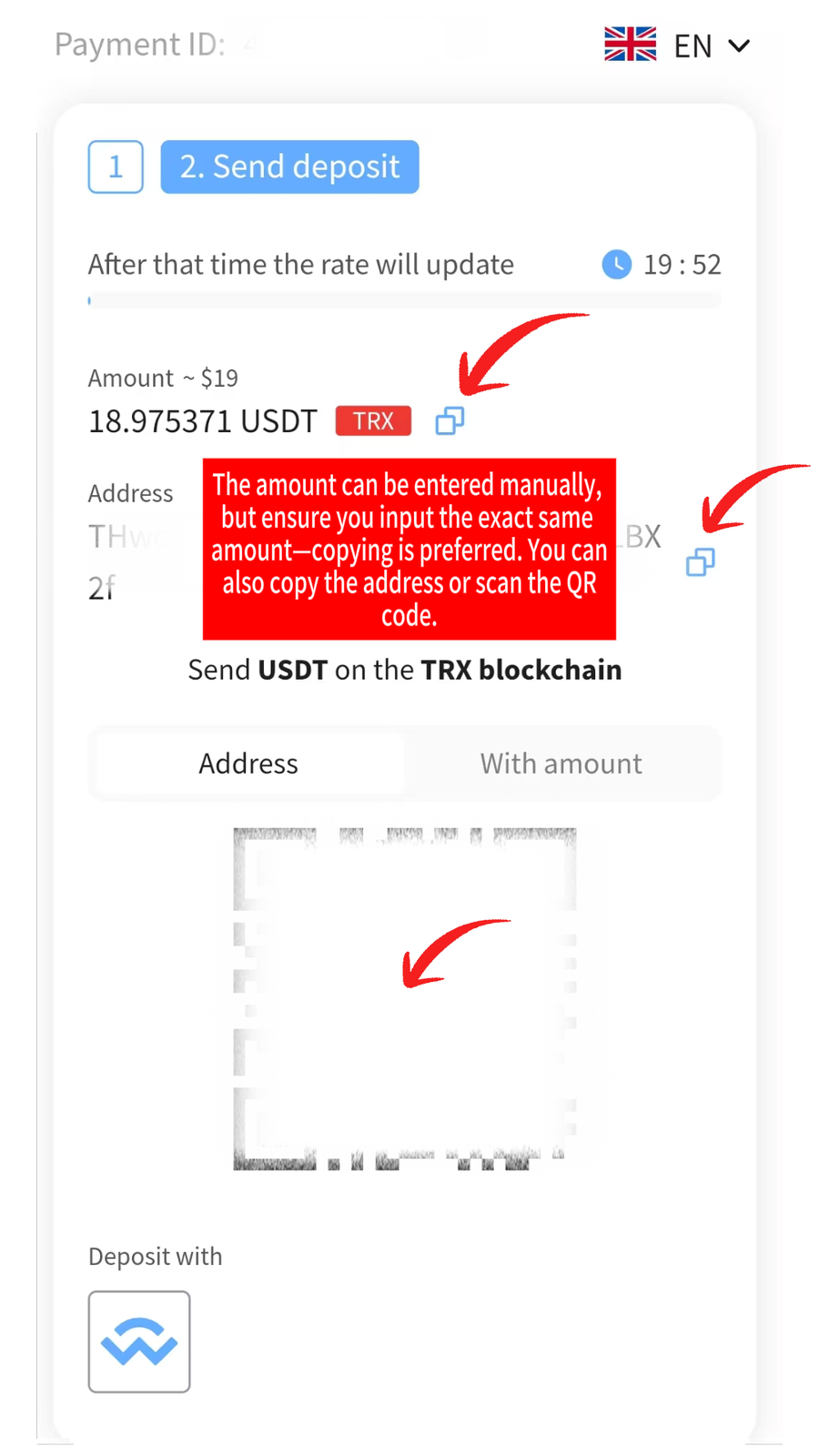 NOWPayments send deposit screen with copy amount, copy address, and QR code