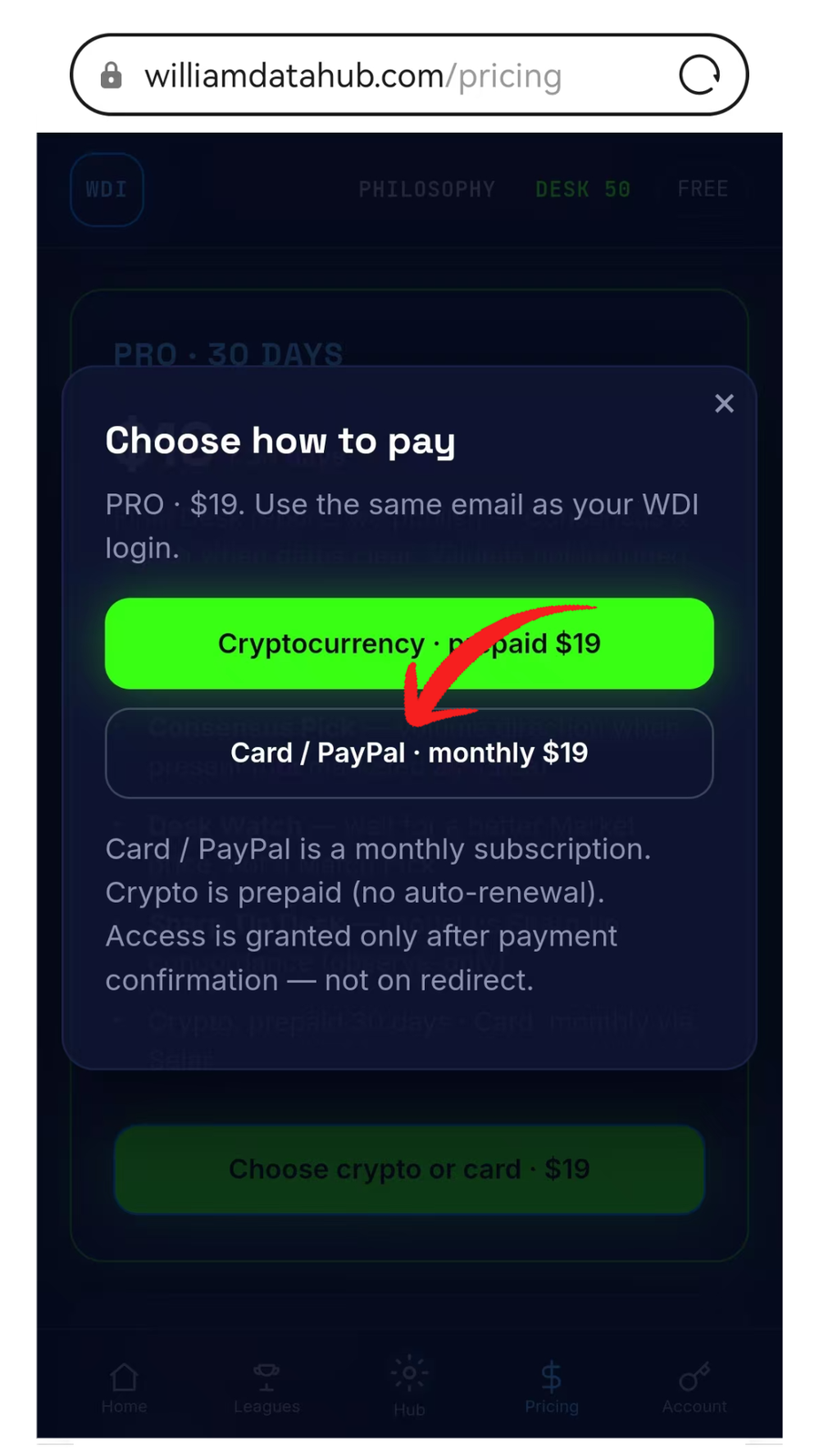 Choose how to pay modal highlighting Card or PayPal monthly
