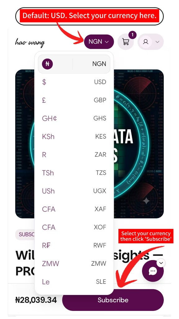 Selar product page currency menu with NGN selected