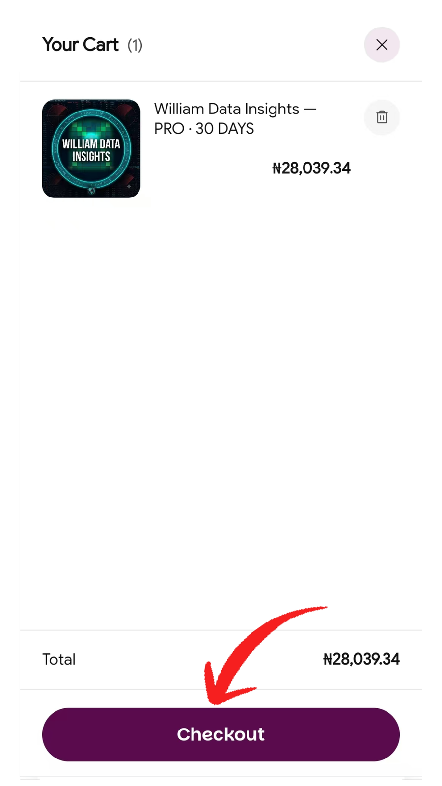 Selar cart with William Data Insights PRO and Checkout button