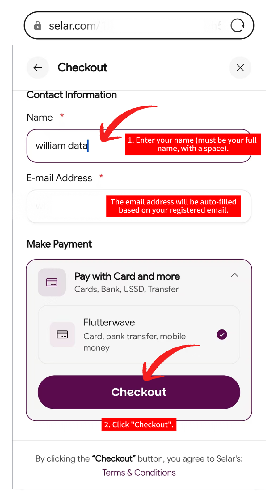 Selar checkout contact form with name, email, and Flutterwave Checkout