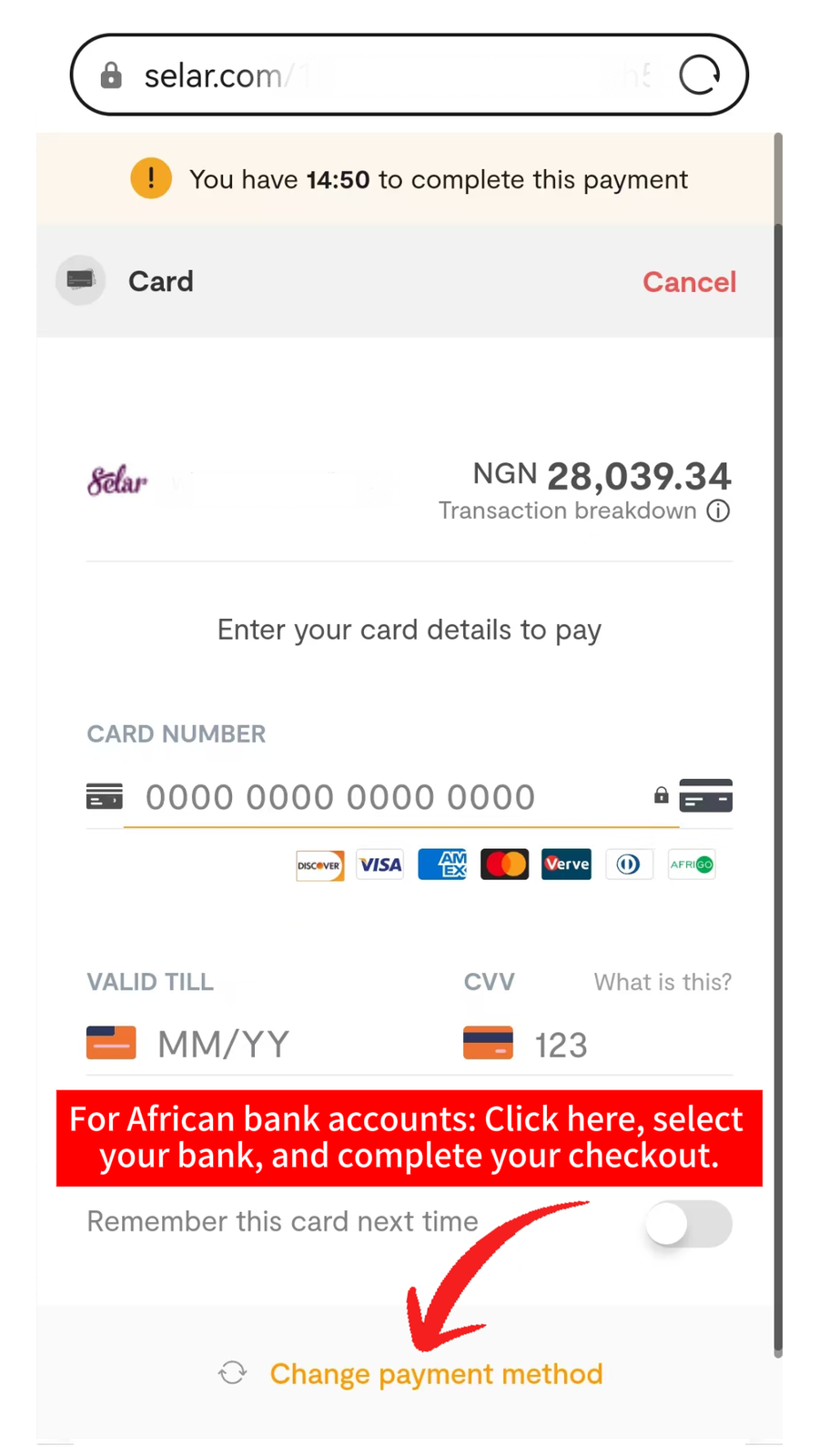 Flutterwave card screen with Change payment method at the bottom